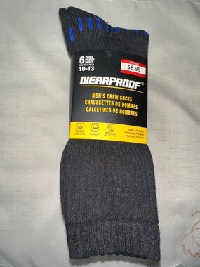 WEARPROOF Black White Gray Blue Stripe Cotton Blend Work Socks 6 pack